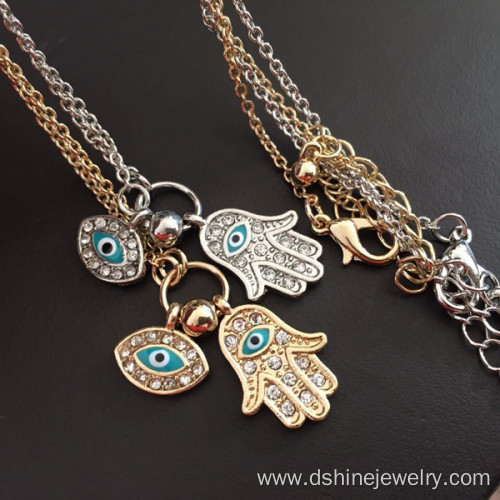 Long Chain Rhinestone Evil Eye Fatima's Hand Pendant Necklace